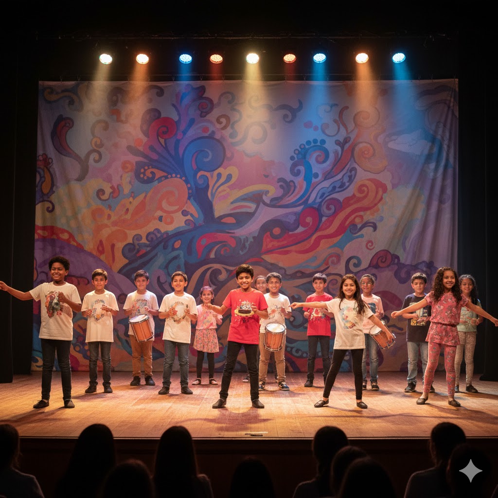 Energetic children performing on stage with enthusiasm and confidence at The Ablazers Performing Arts School